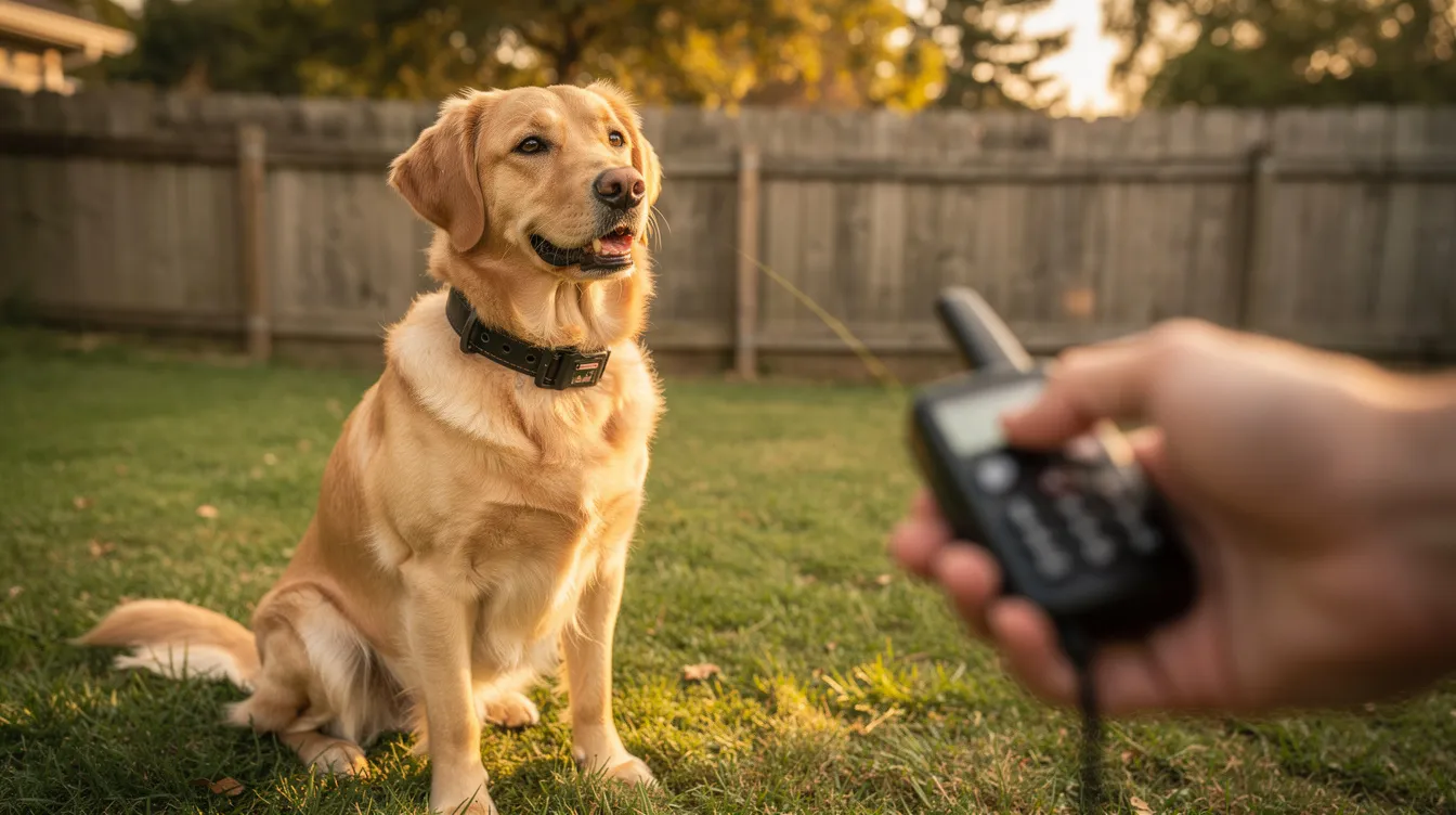 The image depicts a dog wearing a modern e collar, showcasing how e collar training is utilized to communicate with the dog effectively. The setting emphasizes the collar's role as a training tool, highlighting its importance in shaping the dog's behavior and ensuring proper training techniques are applied.