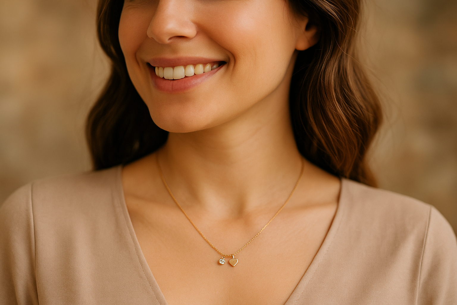 Moteris dėvi grandinėlę su deimantu ir simboliniu pakabuku