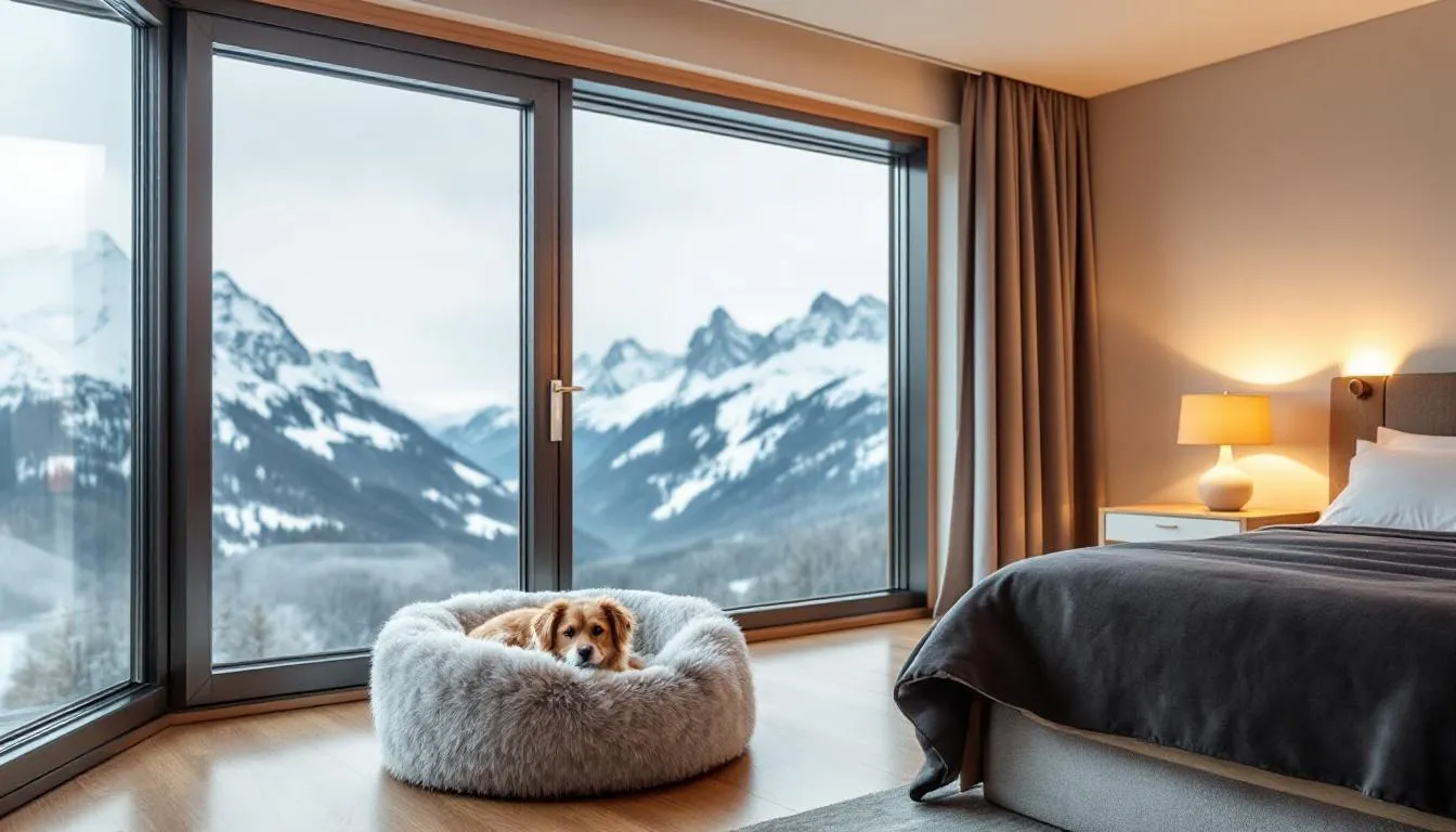 The image depicts a cozy hotel room featuring a pet bed setup, perfect for guests traveling with pets, and large windows offering a stunning mountain view. This pet-friendly hotel in Brian Head provides a comfortable stay with amenities to ensure a relaxing experience for both families and their furry companions.