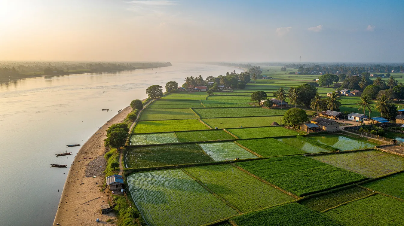 An aerial view captures the vibrant green agricultural fields of Bihar, bordered by a winding river, showcasing the state's rich cultural heritage and potential for diverse and profitable business opportunities, including organic farming and food processing. The landscape reflects the agricultural richness that supports numerous low investment business ideas in the region.