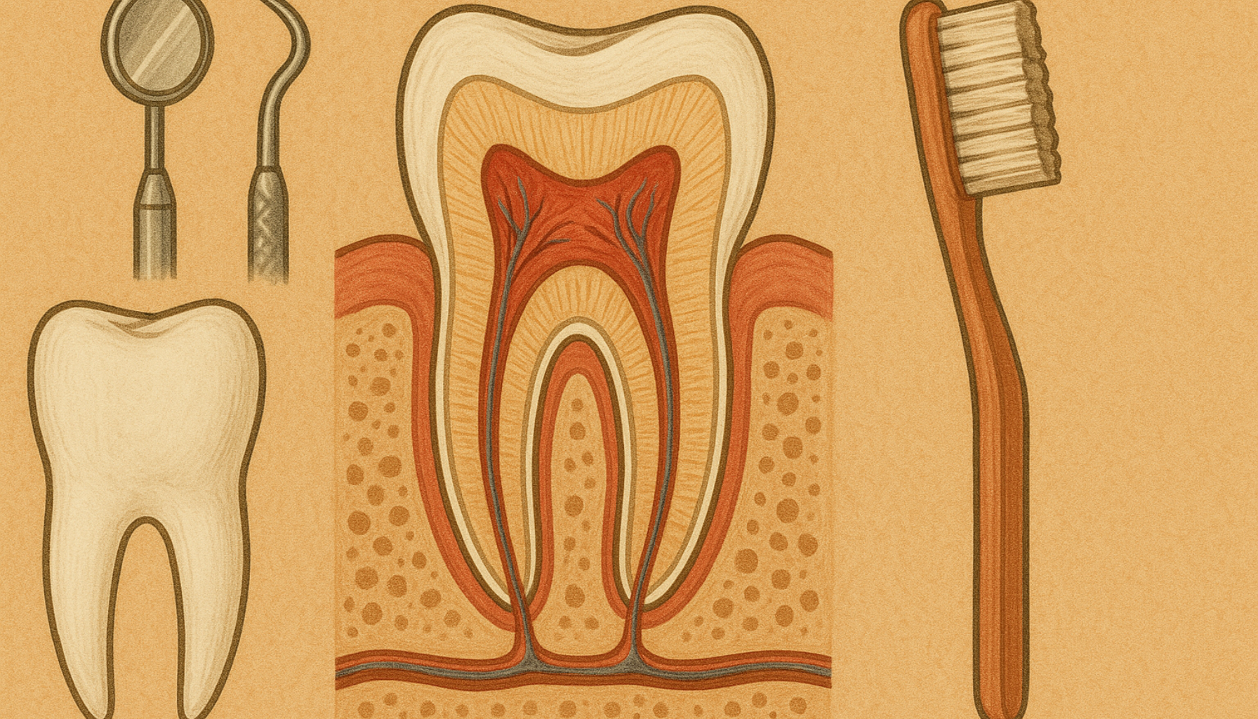 Illustrasjon av tannens anatomi i tverrsnitt, omgitt av tannlegeverktøy og tannbørste, med fokus på struktur og pleie.