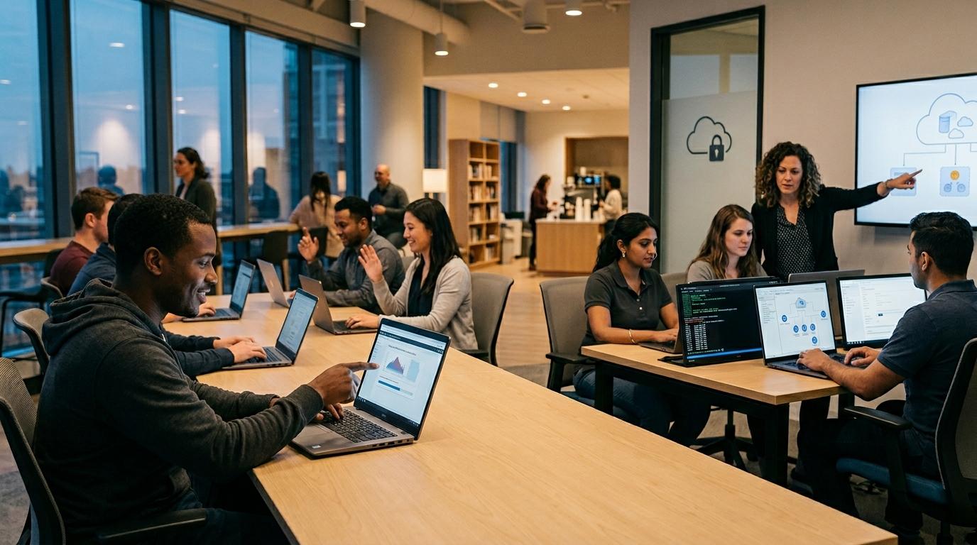 Realistic cloud computing workspace showing users launching software instantly from laptops without installation, alongside isolated cloud lab environments used for guided technical training.