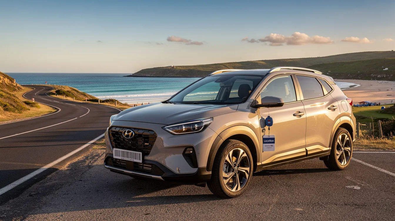 Une voiture de location est garée devant un magnifique paysage de vacances, avec des collines verdoyantes et un ciel ensoleillé. Ce véhicule, symbole de liberté, est idéal pour explorer de nouveaux horizons lors de vos voyages à l'étranger.