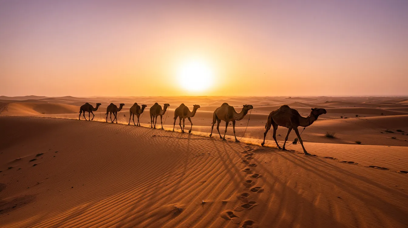 A group of camels is walking gracefully across the golden dunes near Merzouga at sunset, creating a picturesque scene that reflects the enchanting landscapes of Morocco. The warm hues of the setting sun cast a beautiful glow over the sand, highlighting the serene beauty of this UNESCO World Heritage site.