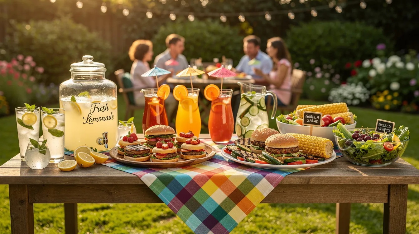The image depicts a vibrant summer BBQ scene featuring a garden table adorned with a variety of non-alcoholic drinks, such as sparkling water and fruit juices, alongside an array of delicious food. Fresh mint and colorful fruits add a refreshing touch to the alcohol-free options, creating an inviting atmosphere for a sunny outdoor gathering.