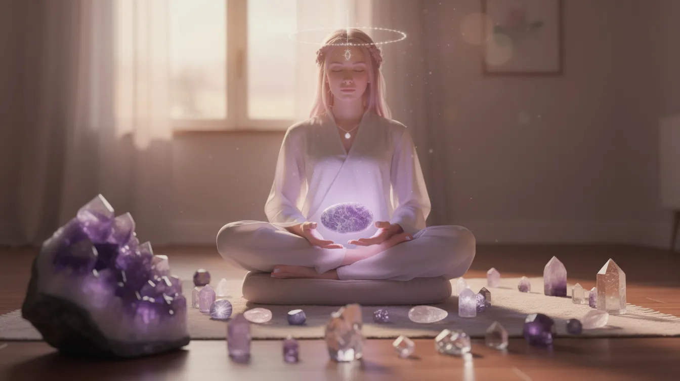 The image depicts a serene meditation space adorned with various crystals, including Lepidolite, Amethyst, and Rose Quartz, symbolizing emotional healing and spiritual awareness. Soft light filters through the space, creating an atmosphere of inner peace and positive energy, inviting self-discovery and trust in the universe.