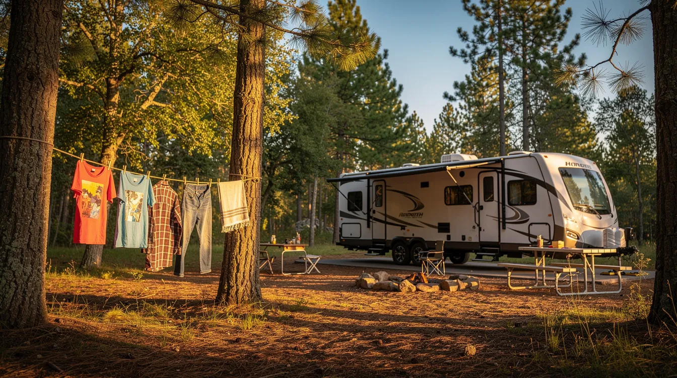 An RV is parked at a campsite, with colorful clothes hanging on a line nearby to air dry, creating a casual and homey atmosphere. The scene captures the essence of outdoor living, where clean clothes and damp laundry coexist in the fresh air.