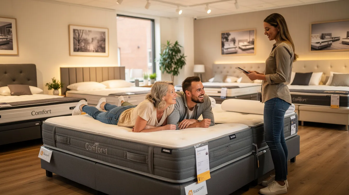 In een gezellige, goed verlichte winkel proberen twee mensen verschillende matrassen uit, waarbij ze letten op hoe elk matras aanvoelt en de juiste ondersteuning biedt voor hun persoonlijke voorkeuren. Ze bespreken de eigenschappen van de matrassen, zoals de ventilatie en het liggevoel, om het juiste matras te vinden.