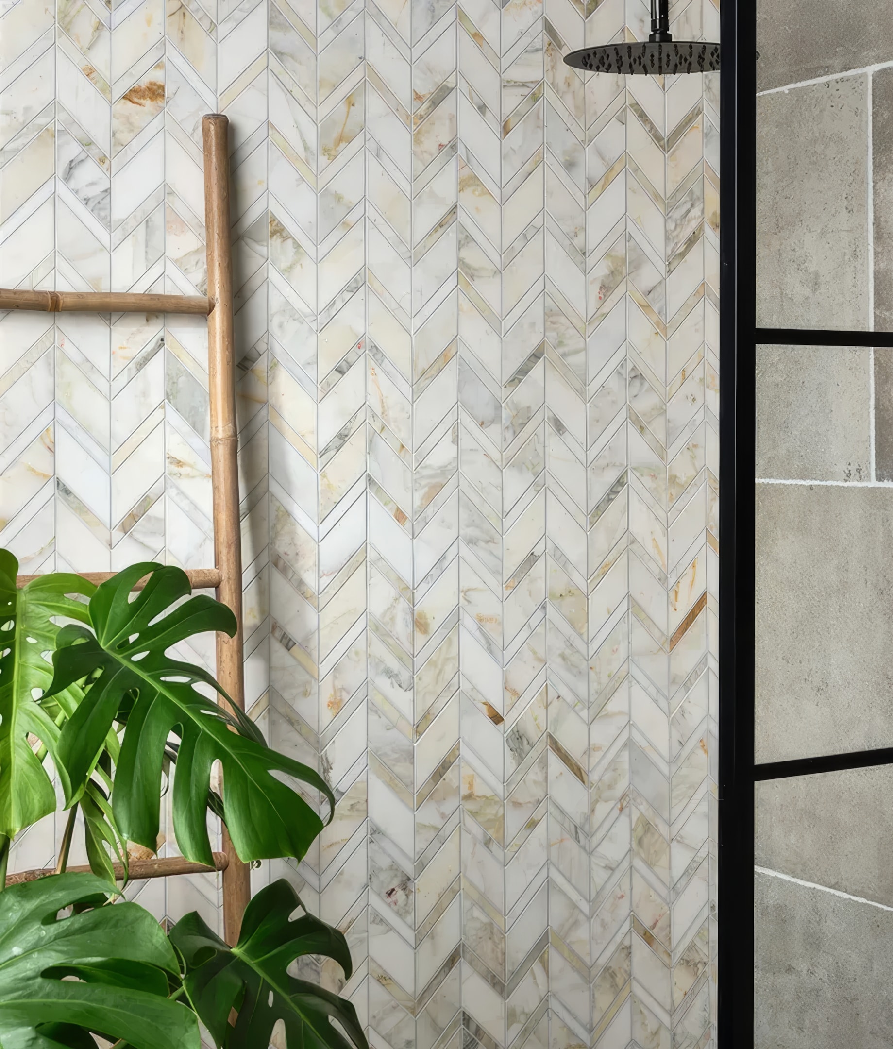 An artistic representation of chevron mosaic tiles showcasing a variety of colors and patterns.