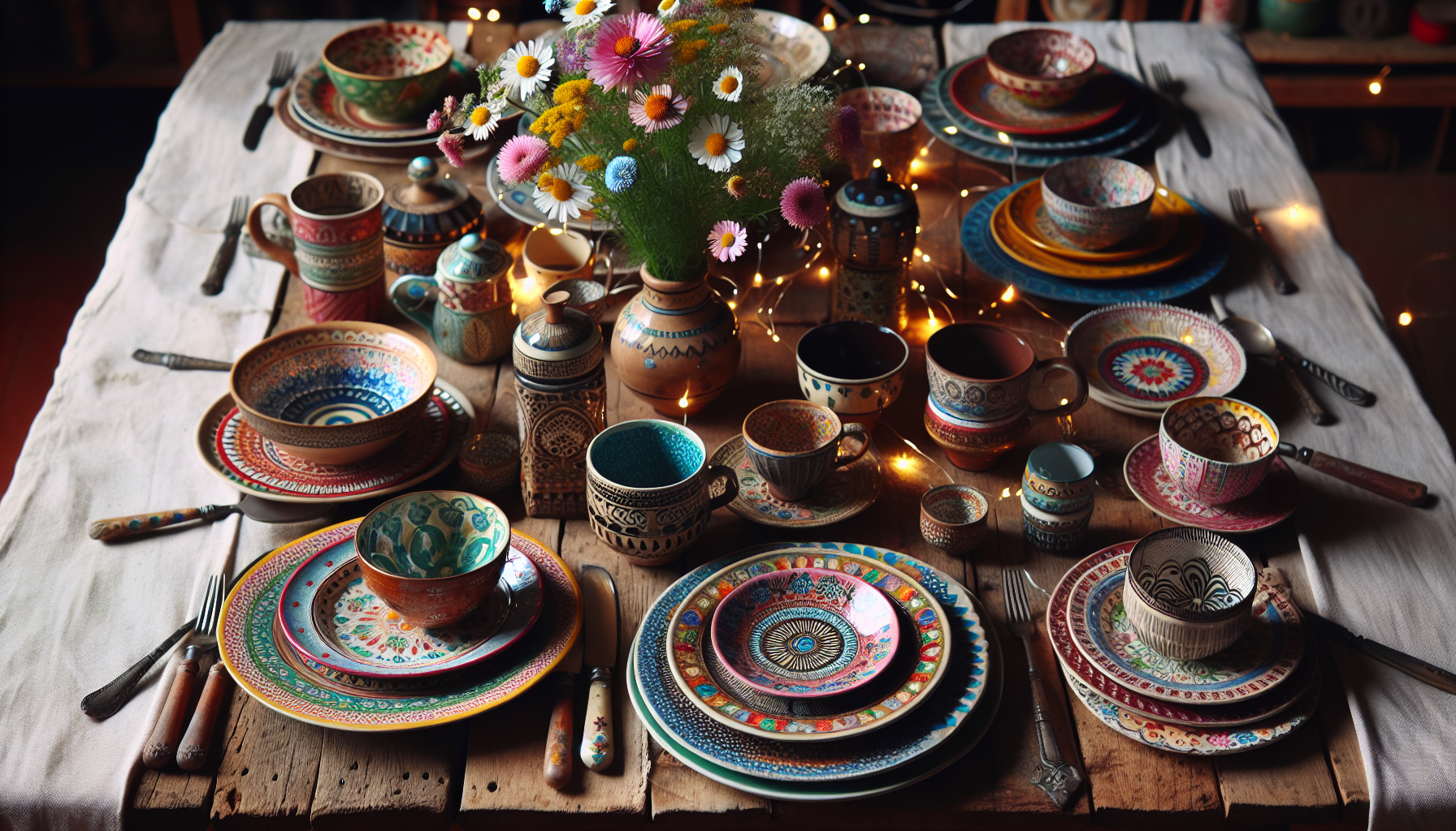 Artistic arrangement of mix and match dinnerware on a table