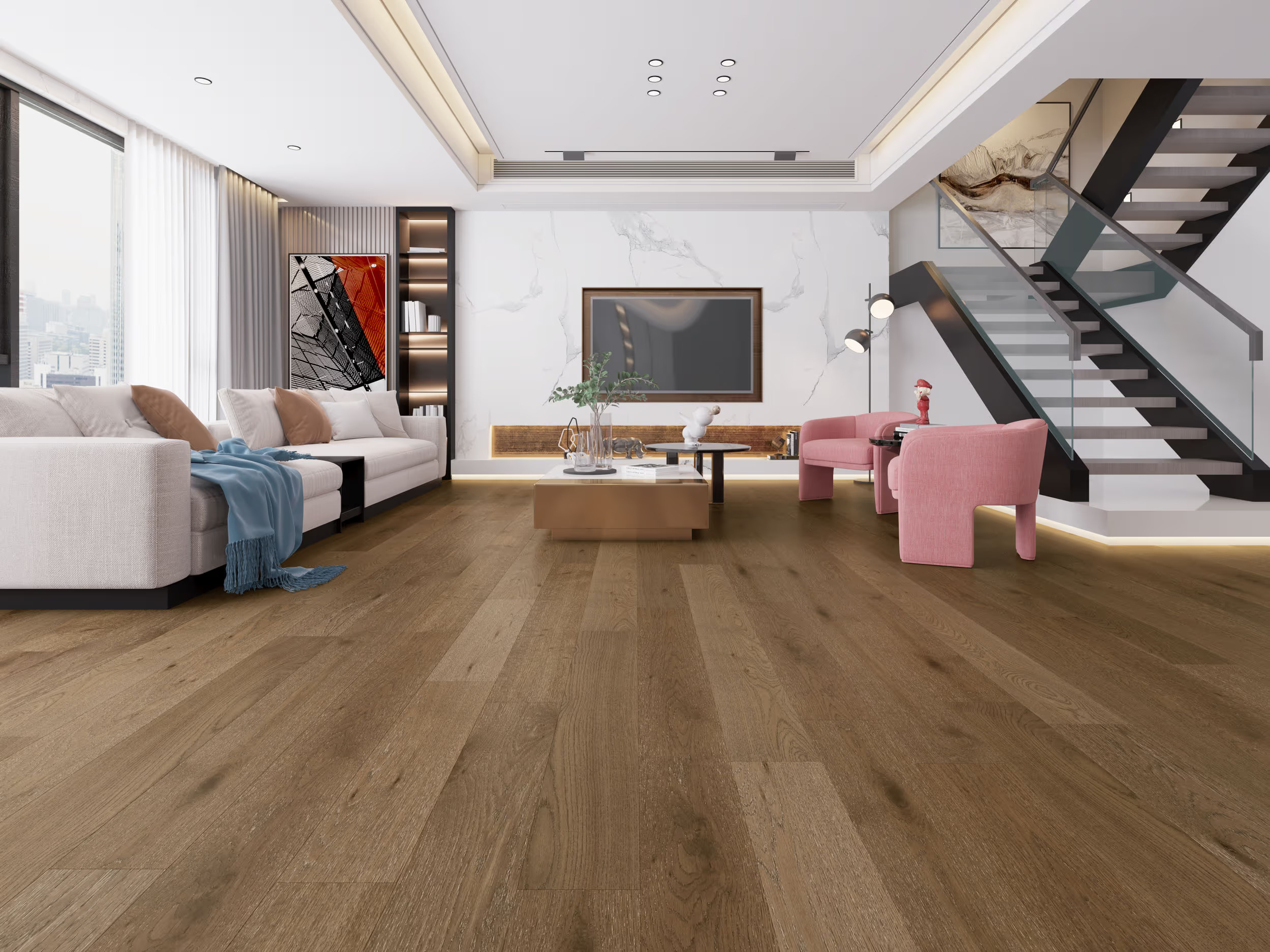 A close-up of a hardwood floor with wide planks.