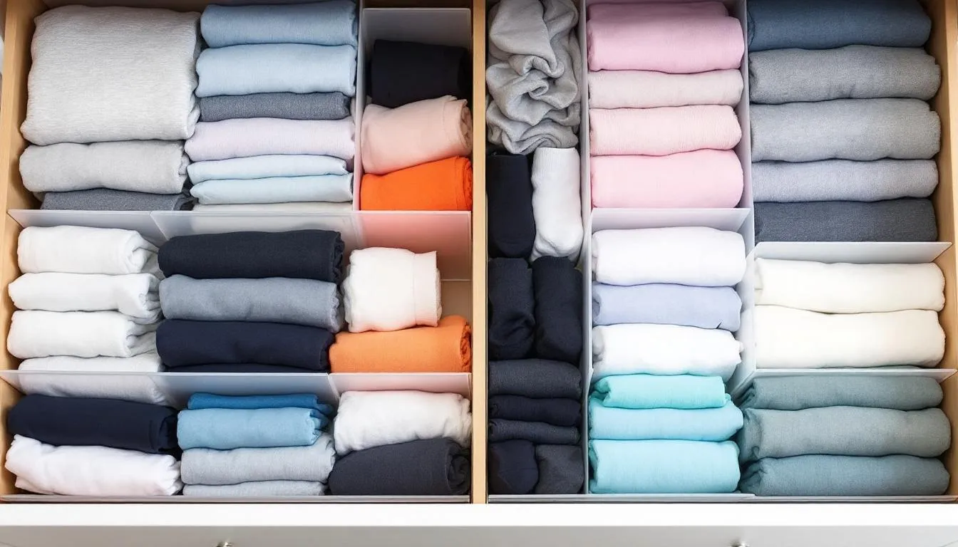 The image depicts an organised chest of drawers, featuring neatly folded clothing separated by dividers for easy access. This stylish wooden chest serves as practical storage, maximising available space in the bedroom while keeping clothes tidy and clutter-free.