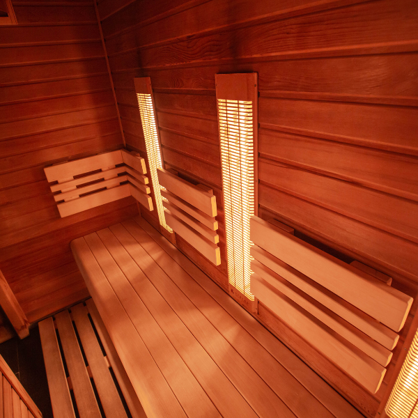 Inside an outdoor infrared sauna for two to four persons you won't find on other sites