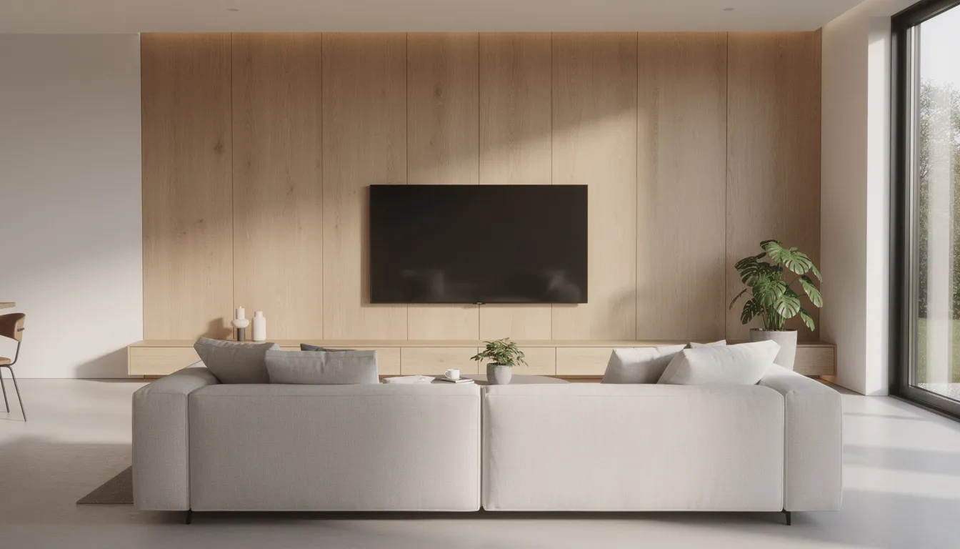 Een moderne woonkamer met een licht eiken wandpaneel dat de achterwand van een grote televisie siert. Voorin staat een zachte bank, wat bijdraagt aan de warme sfeer en de stijlvolle uitstraling van het interieur.