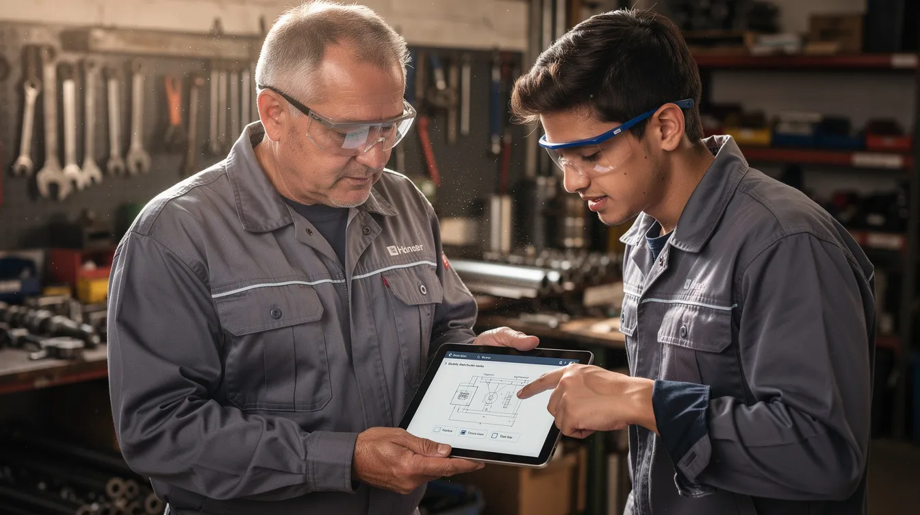 Mentor and apprentice in workshop, reviewing work on tablet device.