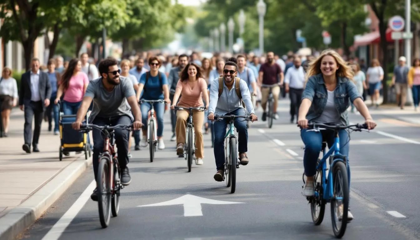 A diverse group of community members, including adults and children, are actively walking and cycling on a complete street designed with bike lanes and sidewalks, promoting physical activity and healthy behaviors. This vibrant scene emphasizes the importance of health promotion and disease prevention through community engagement and safe environments.