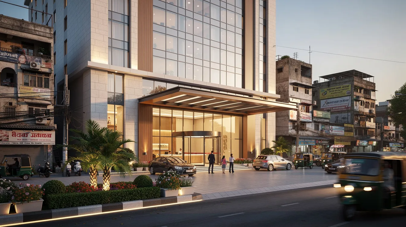 The image depicts a modern mid-scale hotel building with a landscaped entrance, situated in a bustling Indian city. This hotel project reflects contemporary architecture and is designed to cater to the hospitality industry, offering a welcoming facade that enhances the urban landscape.