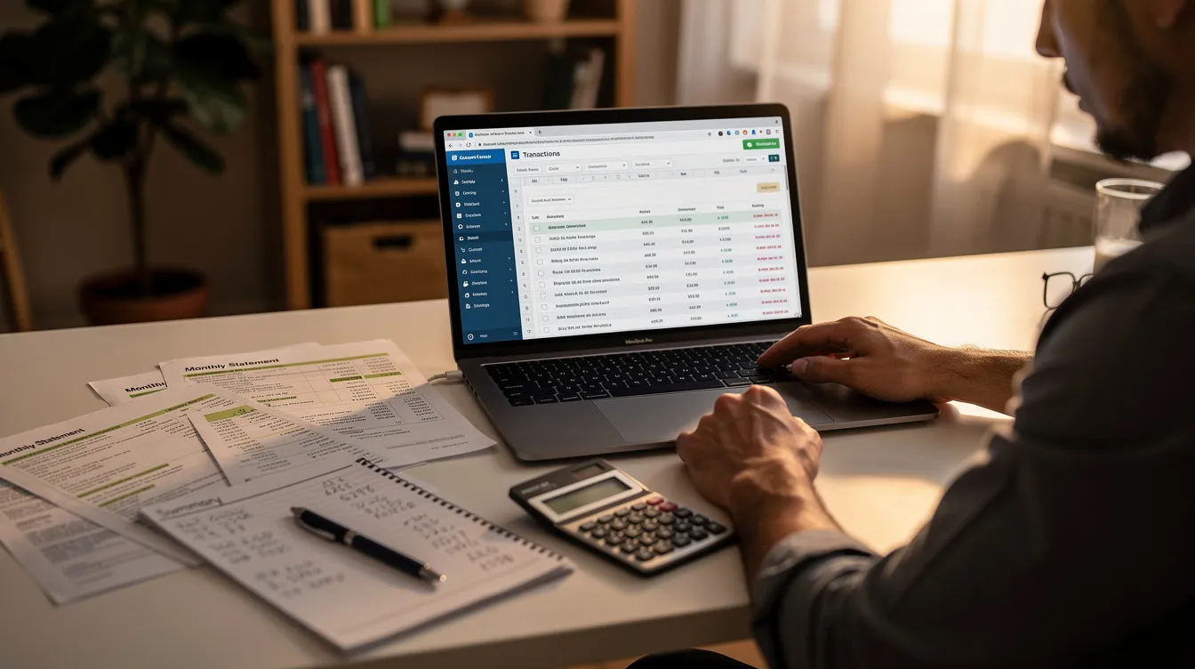A person is seated at a home desk, intently reviewing financial documents and bank statements on their laptop, which may involve assessing their financial situation, including debt restructuring options and repayment plans. The scene reflects a focus on managing personal finances and understanding the implications of various loan options and interest rates.