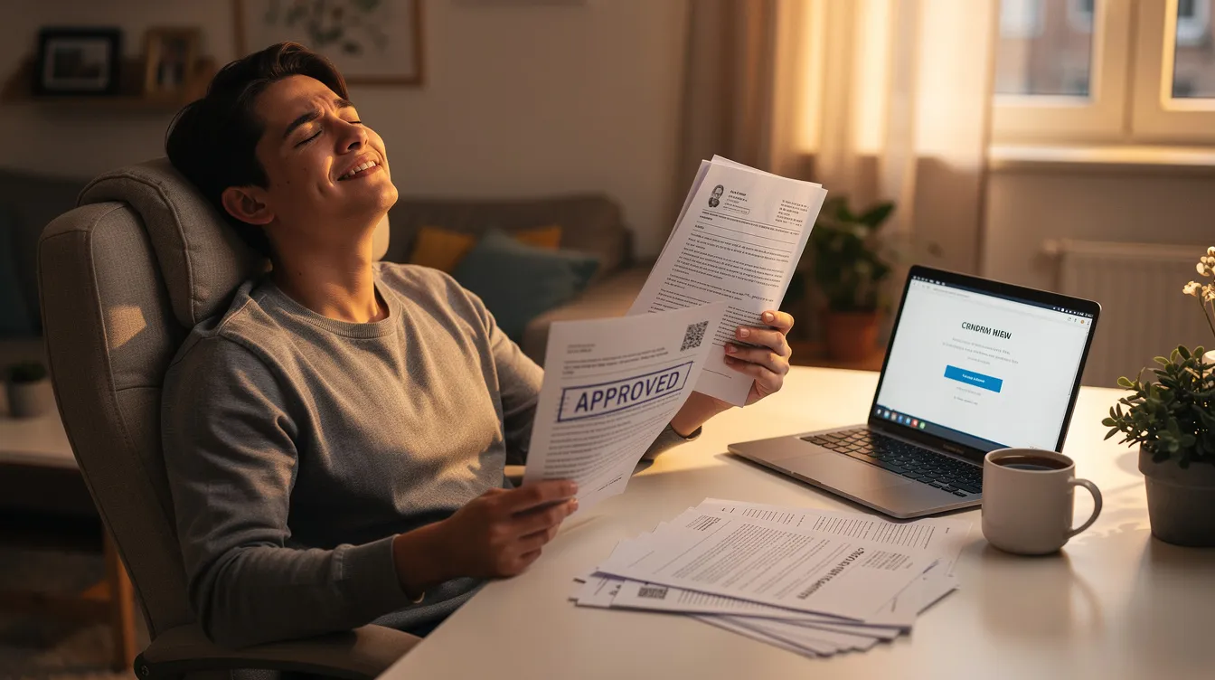 A person appears relieved while sitting at home, reviewing approved documents related to their loan application, reflecting a sense of satisfaction with the financial process. The scene conveys a sense of accomplishment in managing their financial situation and understanding their repayment terms.