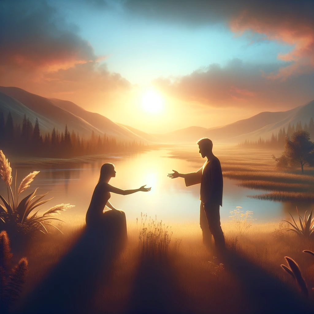 AI-generated image. Man standing in front of a woman at a serene mountain stream at daybreak holding out his hand. 