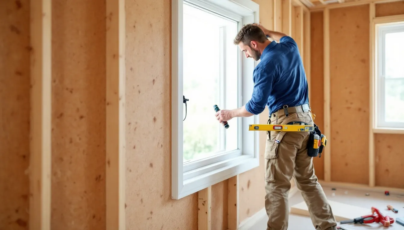 Een professionele installateur plaatst een wit kunststof kozijn in een muur van een huis, met aandacht voor de afwerking en isolatie. De hoogwaardige aluplast kunststof kozijnen bieden een moderne uitstraling en zijn ontworpen voor een lange levensduur.