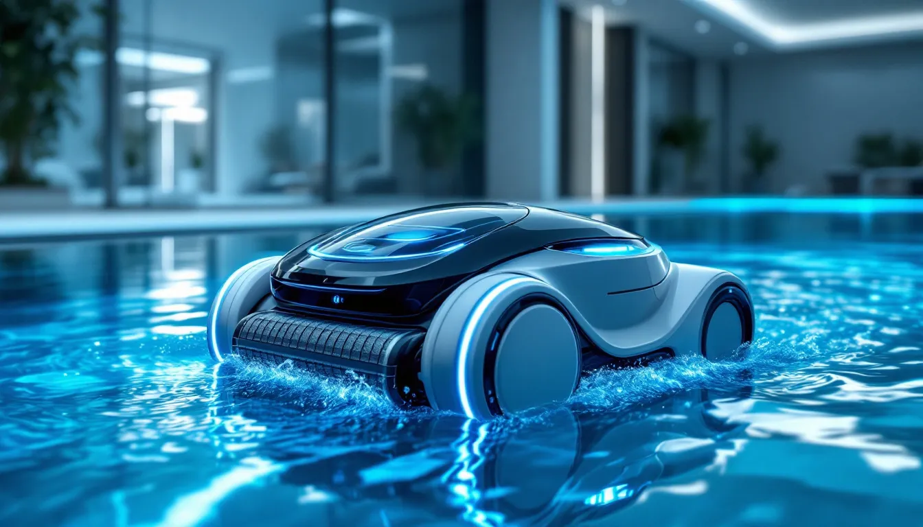 The Dolphin Premier robotic pool cleaner in a pool setting.