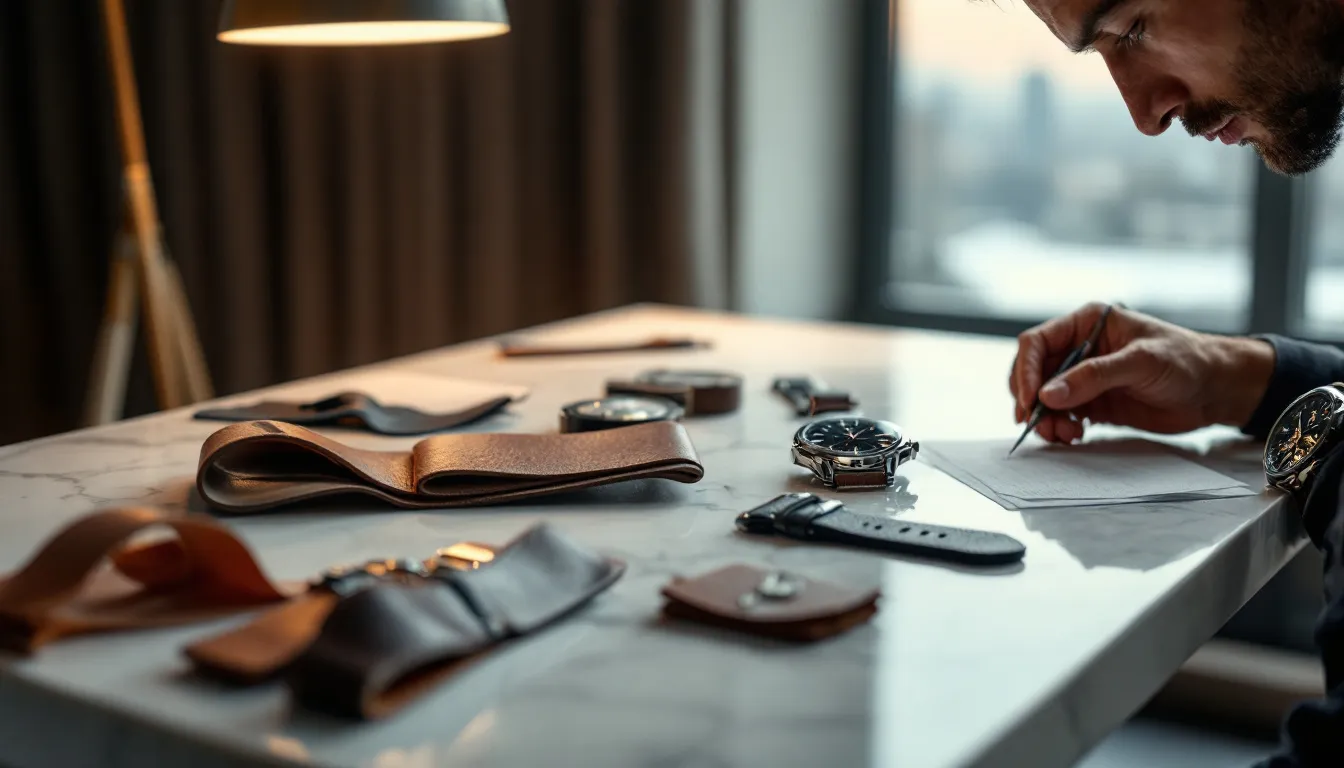 A collection of ostrich leather watch bands being cared for and maintained.