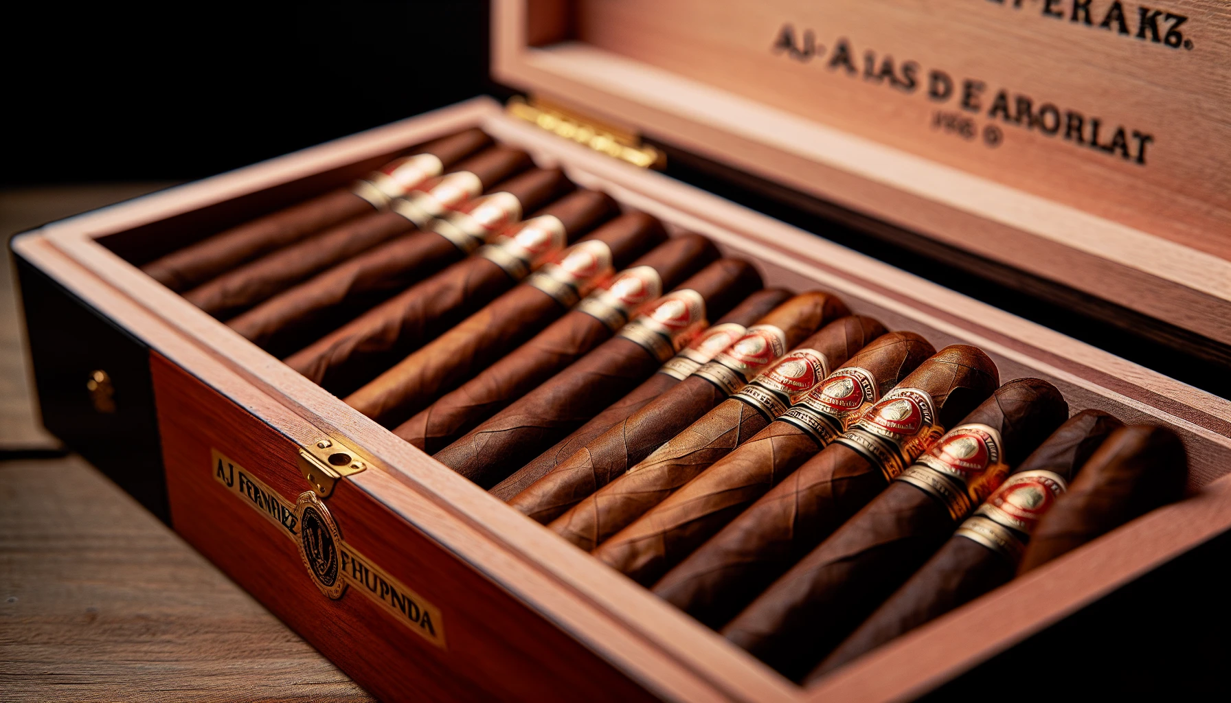A selection of AJ Fernandez Días de Gloria cigars resting in a wooden humidor