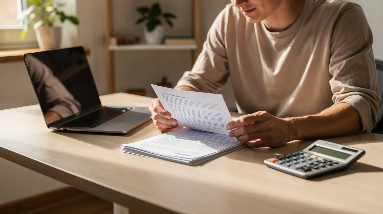 A person is seated at a home desk, intently reviewing documents while using a laptop and a calculator, which suggests they may be preparing for a 公務員 職位 or related tasks in the 香港 特別 行政區. The setting reflects a focused work environment suitable for new entrants in the 公務員 事務局.
