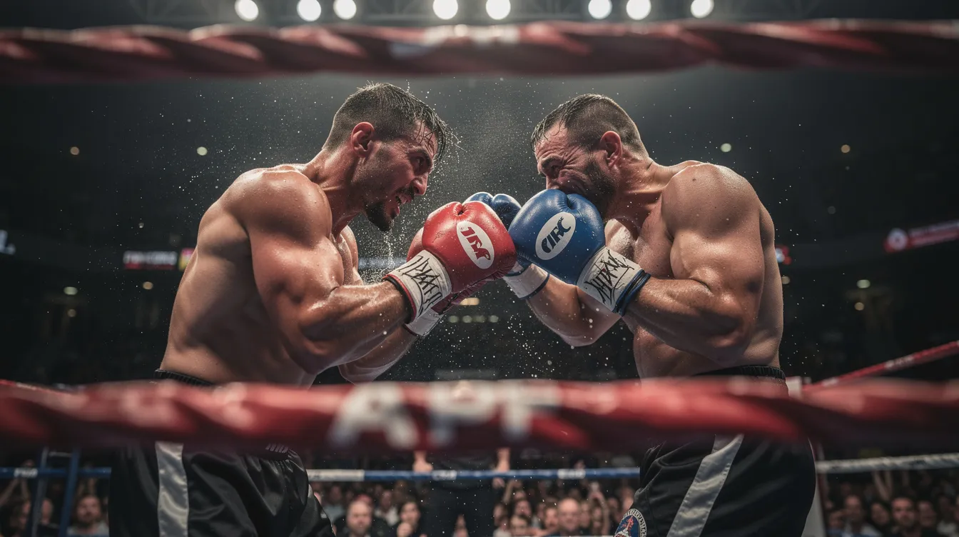 Zwei Boxer befinden sich im intensiven Nahkampf im Ring, ihre Anstrengung und der Schweiß sind deutlich sichtbar. Die dramatische Ringbeleuchtung hebt die Spannung der Szene hervor, während die Zuschauer im Hintergrund unscharf bleiben.