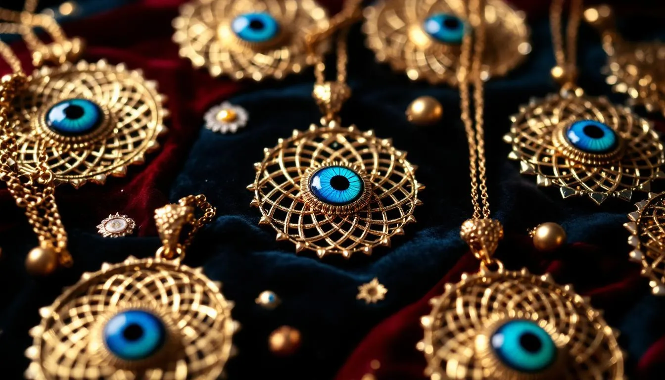 A collection of gold evil eye necklaces hanging on display.