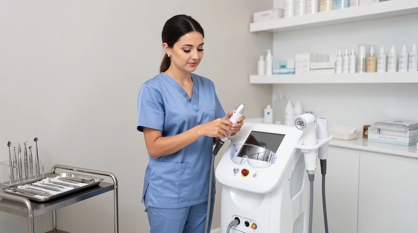 The image shows a clinician in a clean treatment room, preparing advanced aesthetic laser equipment for a minimally invasive laser treatment aimed at addressing skin concerns such as moderate skin laxity and sagging skin. The clinician is focused on delivering precise laser energy to stimulate collagen production and enhance skin elasticity for optimal results with minimal downtime.