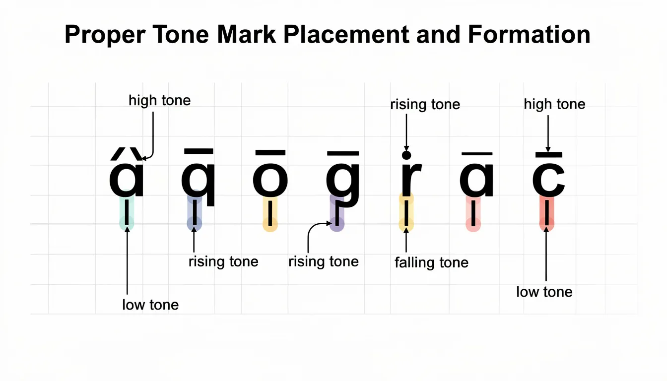The image features a close-up demonstration showcasing the proper placement and formation of tone marks in the Thai language, illustrating how these tonal markers interact with Thai vowels and consonants to create distinct sounds. This visual guide is essential for learners of Thai writing, emphasizing the importance of tone rules in mastering the Thai script.