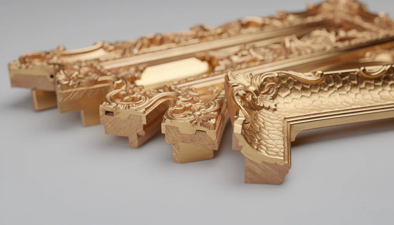 Närbild på en guldram med olika profiler och texturer som framhäver detaljerna i materialet, mot en neutral bakgrund. Ramen ger en stilfull känsla och passar perfekt för att förhöja tavlor i rummet.