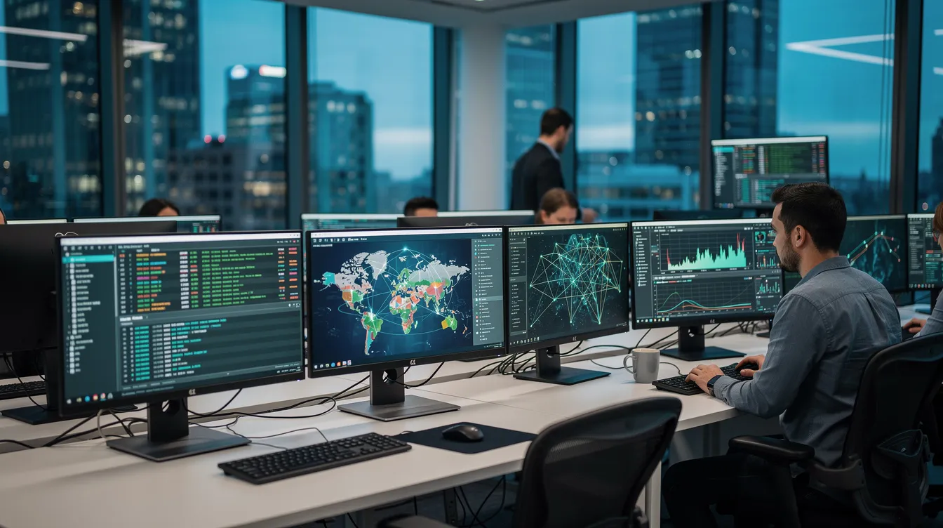 The image depicts a modern office space featuring multiple computer monitors that display real-time network activity, highlighting various security incidents and threat intelligence. This setup emphasizes the importance of managed cybersecurity services and proactive threat detection in maintaining a strong cybersecurity posture.