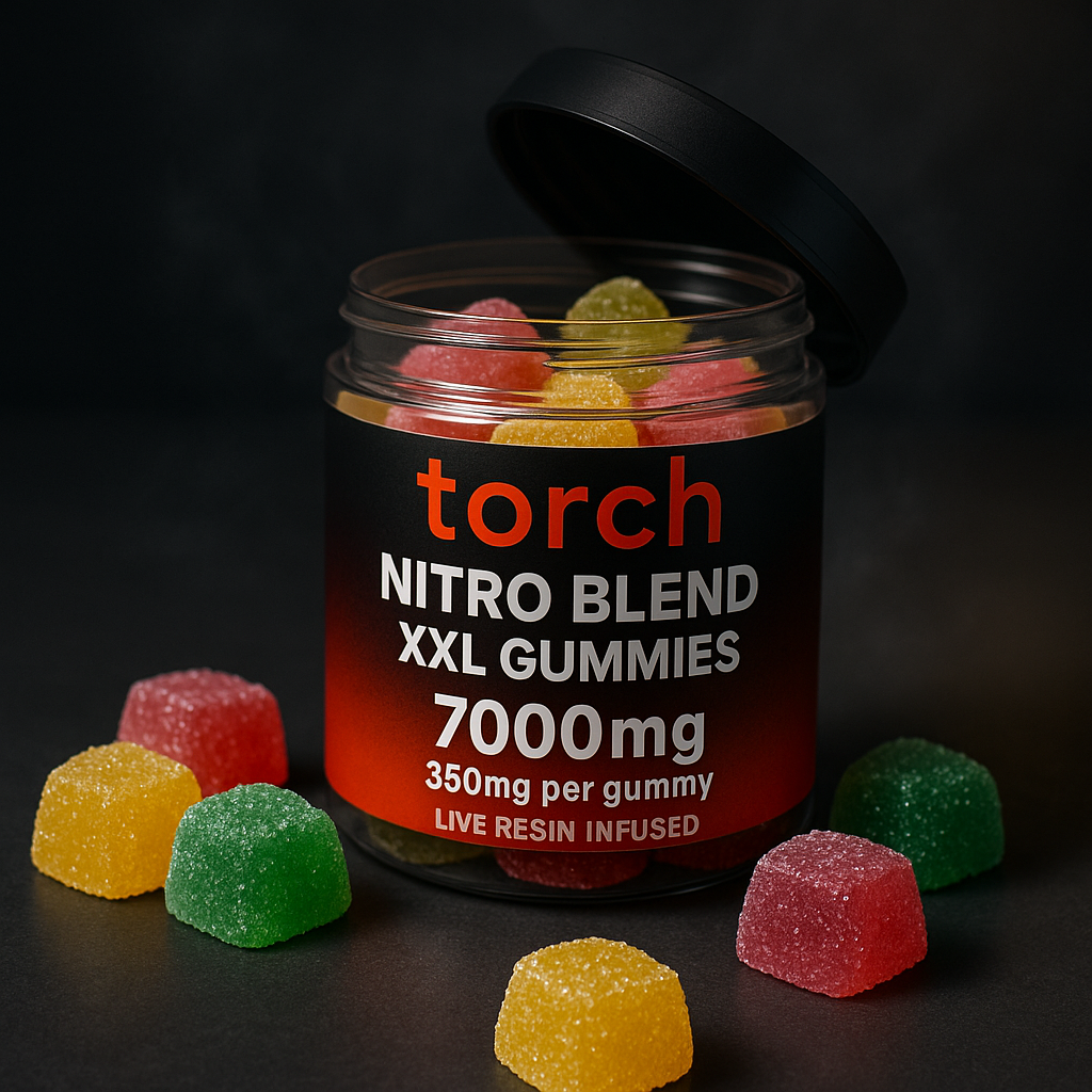 Torch Nitro Blend XXL Gummies in assorted vibrant flavors with jar label showing 7000mg and live resin content, styled for high-potency appeal.
