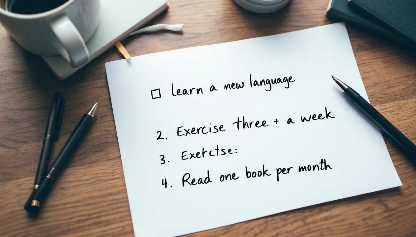 The image depicts a notebook filled with neatly written goals, showcasing various writing tips and techniques aimed at improving writing skills. It emphasizes the importance of setting clear writing goals to enhance one's technical and creative writing abilities.