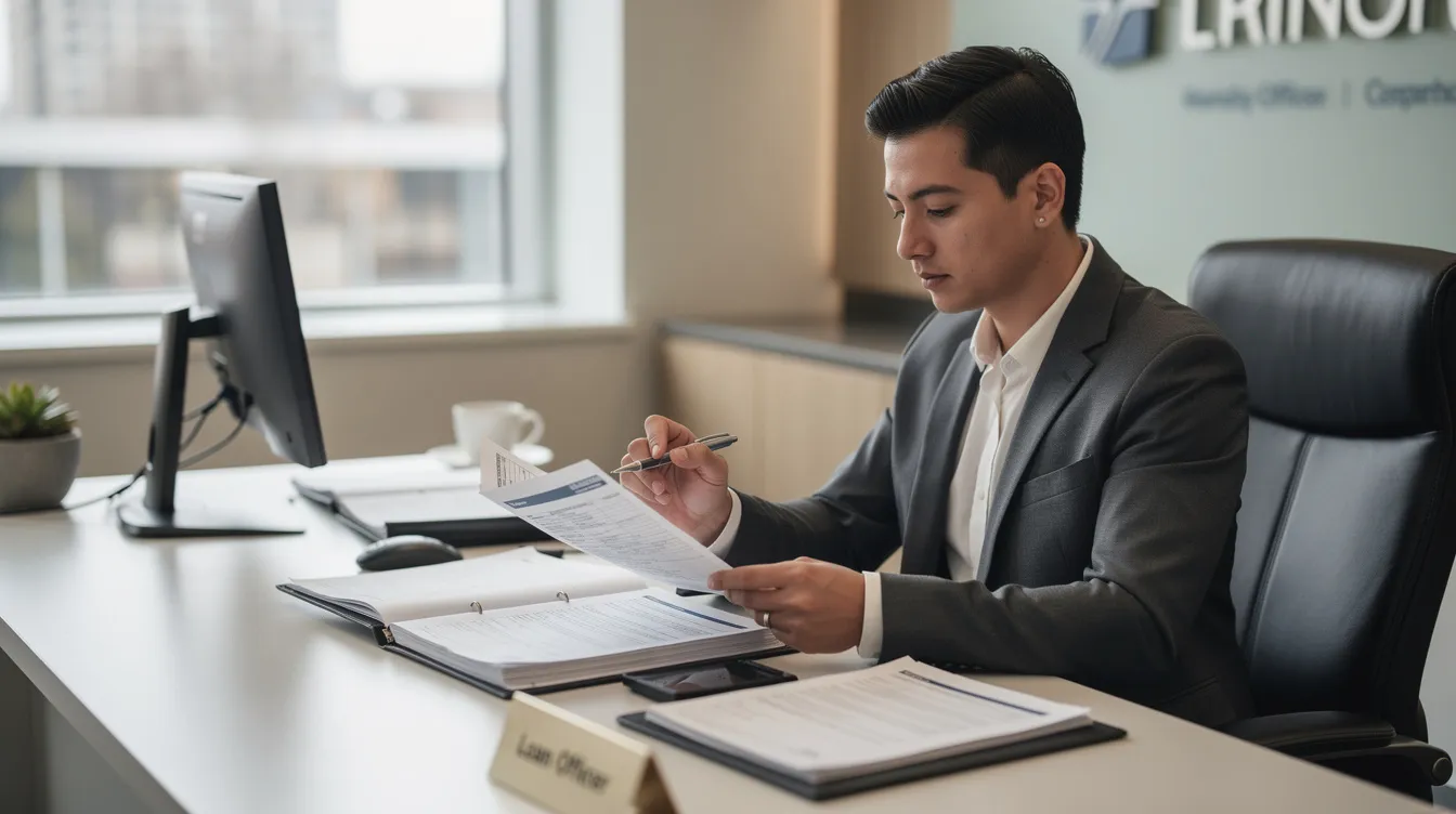 105b844b 0371 47f1 83db 32a2378ec2b2 A person is seated at a bank desk, intently reading through a loan agreement with a pen in hand, likely assessing the terms related to loan approval and the responsibilities of both the borrower and the guarantor. The atmosphere suggests a serious discussion about financial matters, possibly involving personal loans or business loans.