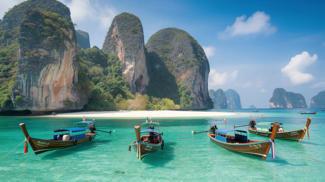 A imagem mostra a bela ilha de Hong, na Tailândia, com suas águas cristalinas e praias de areia branca, cercadas por formações rochosas impressionantes. É um destino popular entre turistas que buscam relaxar e aproveitar a natureza exuberante do golfo da Tailândia.