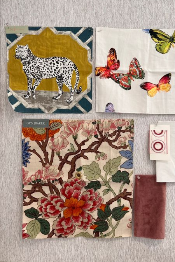 An interior design mood board with fabric samples