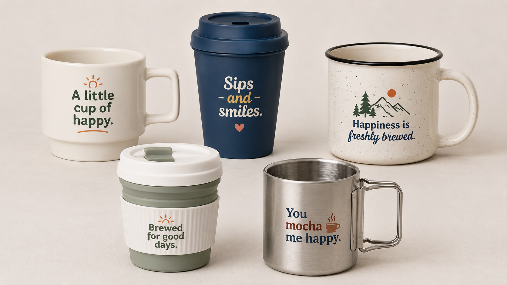 Café mugs and reusable cups printed with cute coffee sayings