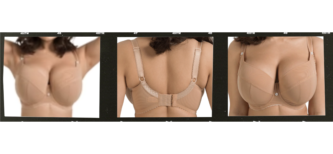 Ewa Michalak SF Semi-Sheer “Nibynic” Polish Bra shown in front, back, and fit views highlighting full-bust support and construction