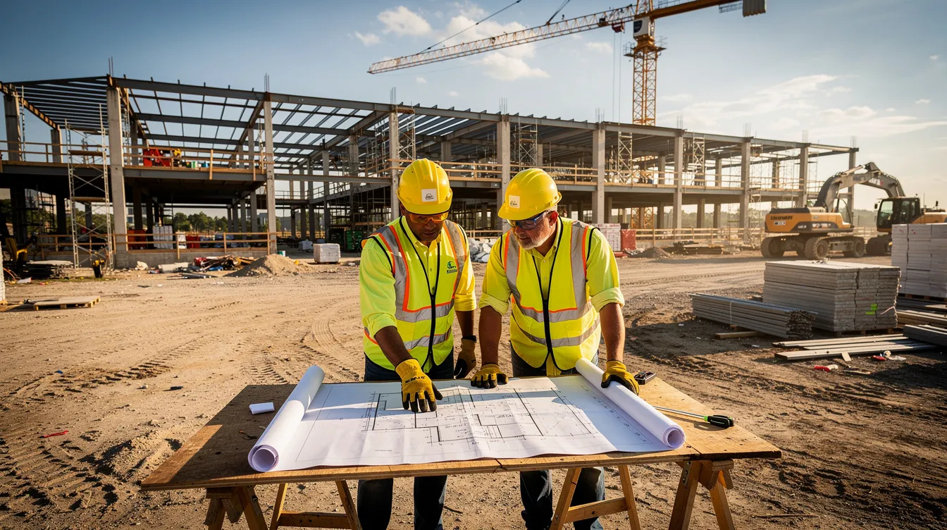 Two construction workers reviewing plans together on a commercial jobsite.