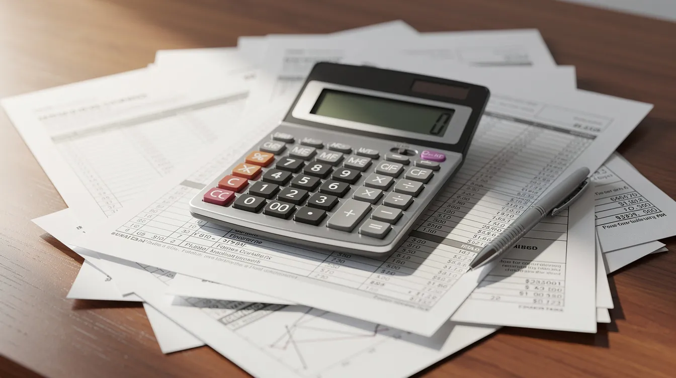The image shows a calculator placed atop various financial documents and tax forms on a wooden desk, highlighting the importance of accurate calculations for small business owners, particularly those managing a limited liability company (LLC) and navigating federal income tax purposes. The scene emphasizes the organization needed for managing personal finances separate from business income and liabilities.