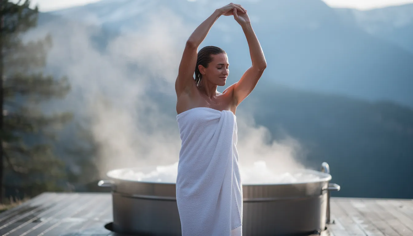A person wrapped in a towel is performing light stretching outdoors after a cold plunge session, taking advantage of the benefits of cold water immersion to enhance muscle recovery and improve circulation. The serene environment reflects their focus on mental clarity and well-being as they listen to their body.