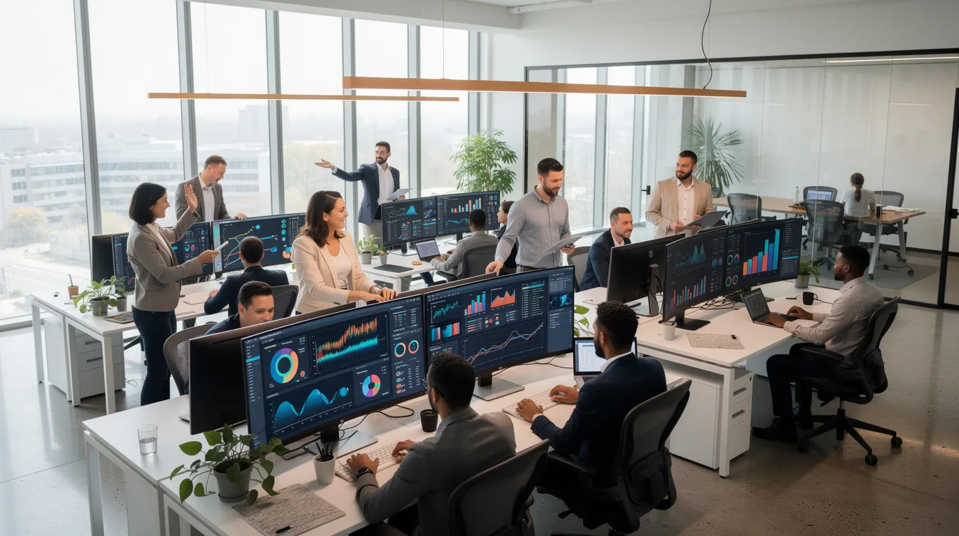 The image depicts a modern open-plan office filled with people collaborating around desks, while large monitors showcase colorful data dashboards and charts. This setting highlights the use of artificial intelligence tools for data analysis and automating repetitive tasks, enhancing operational efficiency in business operations.