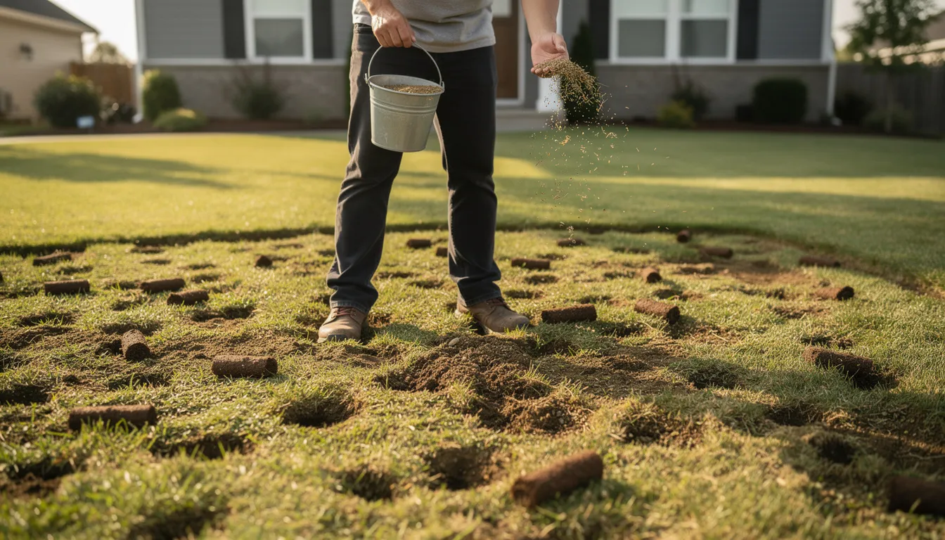 A person is spreading grass seed by hand over a recently aerated lawn, where small plugs of soil are visible on the surface, indicating the core aeration process. This method helps to alleviate soil compaction and allows for better air and nutrient access to the grass roots.