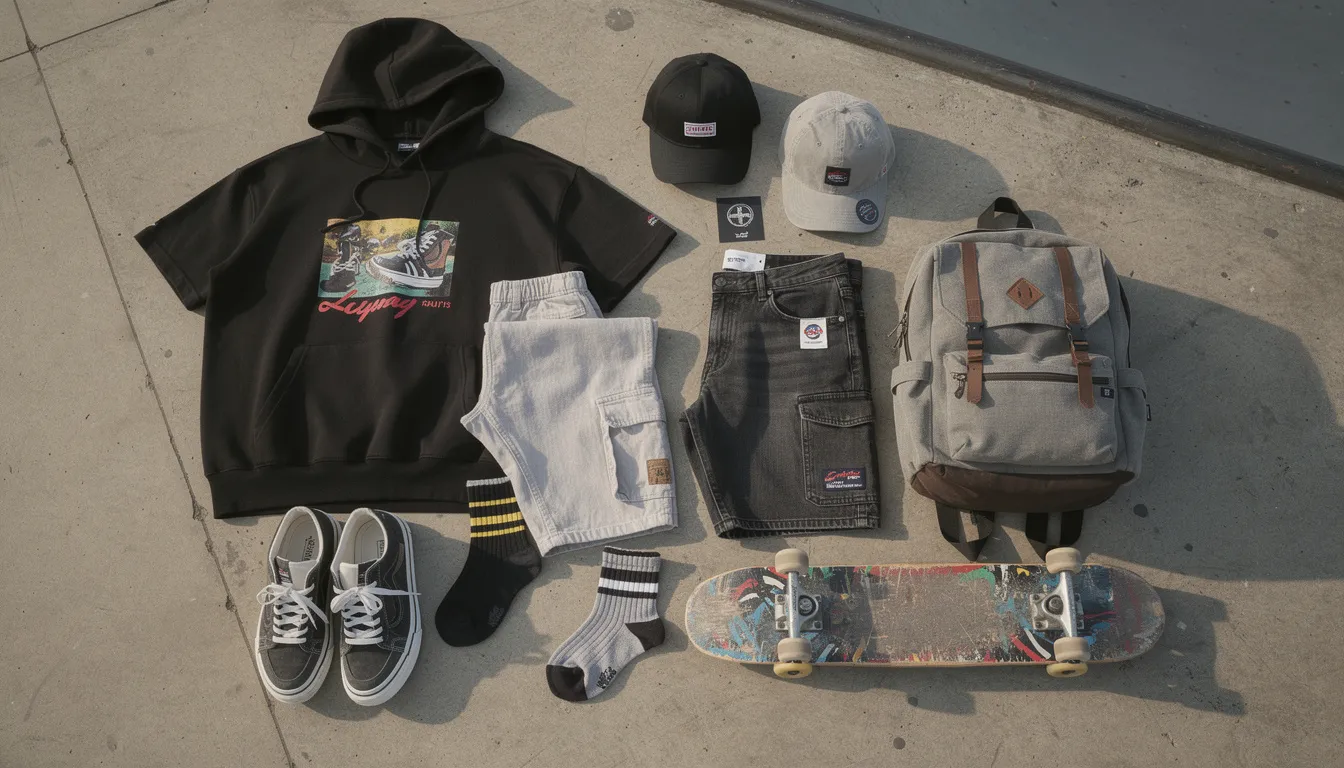 The image features a group of skaters at a skate park, showcasing a variety of skater apparel, including baggy jeans, graphic t-shirts, and oversized hoodies. Their relaxed fit outfits reflect the laid-back vibe of skater culture, with popular skate brands like Vans and Nike SB prominently represented.