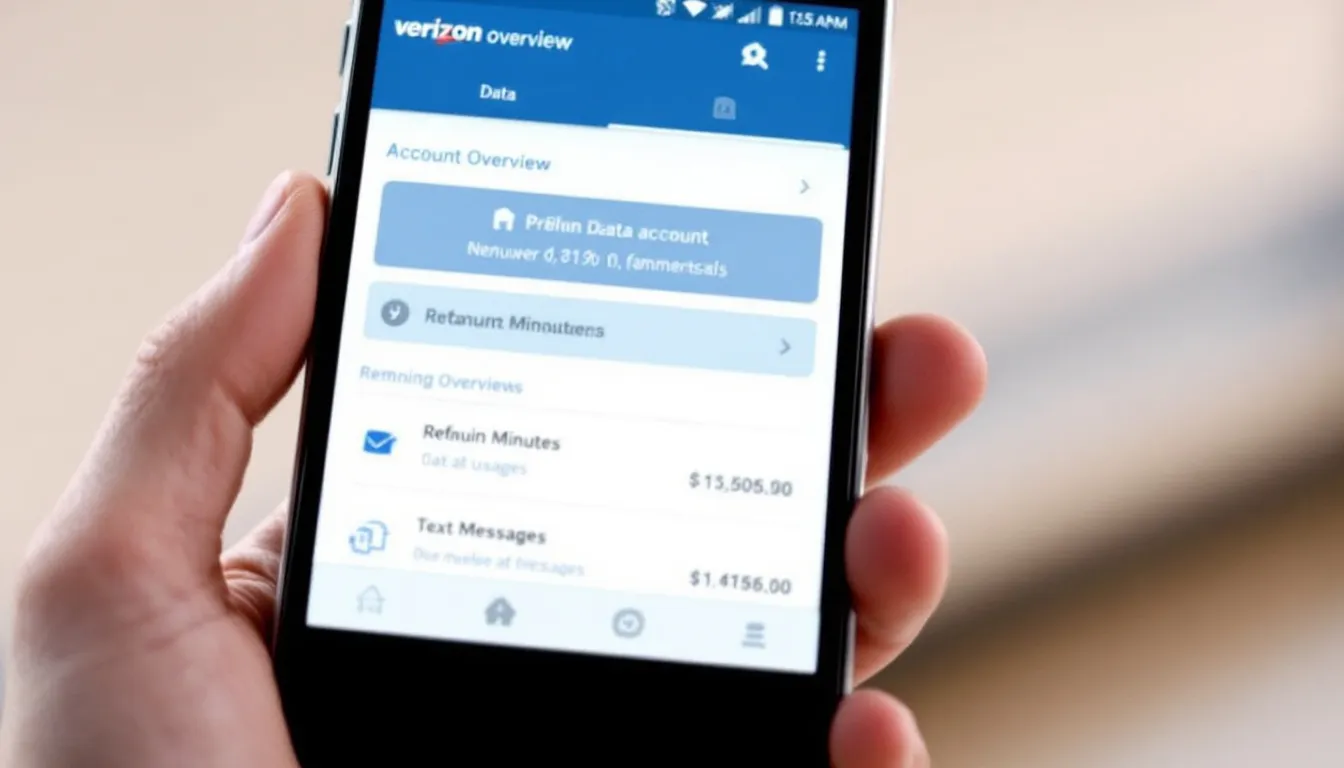 The image shows a mobile phone displaying the Verizon app's account overview screen, where users can view their account details, including the account number, billing information, and payment options. This interface allows users to manage their Verizon account easily and access important notifications and assistance.