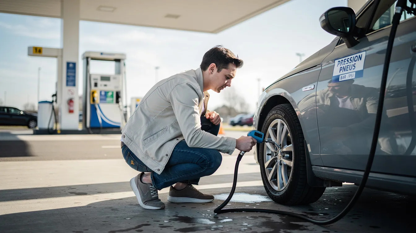 Une personne vérifie la pression d'un pneu dans une station-service, s'assurant que la sécurité de son véhicule de location est optimale. Cette action est essentielle pour éviter des problèmes tels qu'une crevaison lors de la conduite.